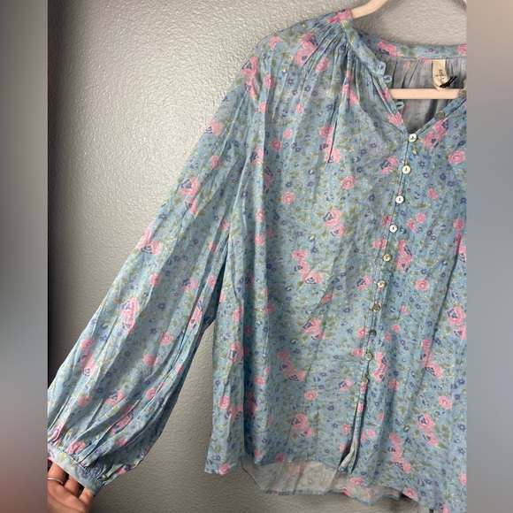 Spell Free People Dolly Long Sleeve Button Up Blouse Blue Floral Womens M Flowy - Picture 7 of 11